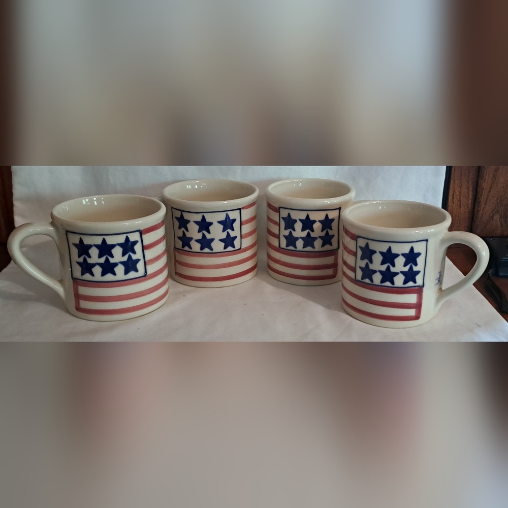 NWOT Hartstone Studio Art Pottery Americana Flag Coffee Mugs